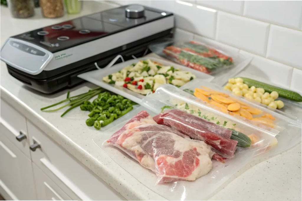 Vacuum-sealed bags of meat and vegetables on a white countertop, with a food vacuum sealer in the background.