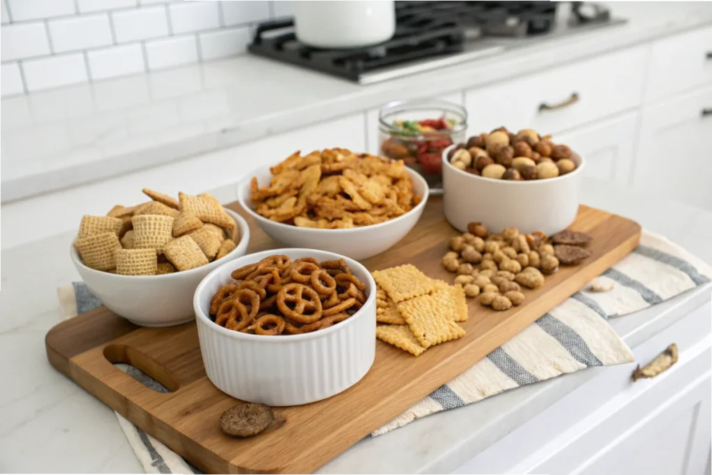 Freshly baked Chex Mix cooling on a tray, stirred for even crispness in an oven-baked Chex Mix recipe.