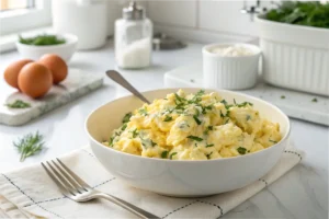 Scrambled eggs mixed with cottage cheese and herbs served in a white bowl.