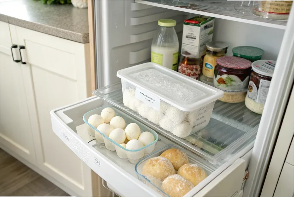 Labeled container of frozen eggs being thawed in a refrigerator, emphasizing proper defrosting techniques.