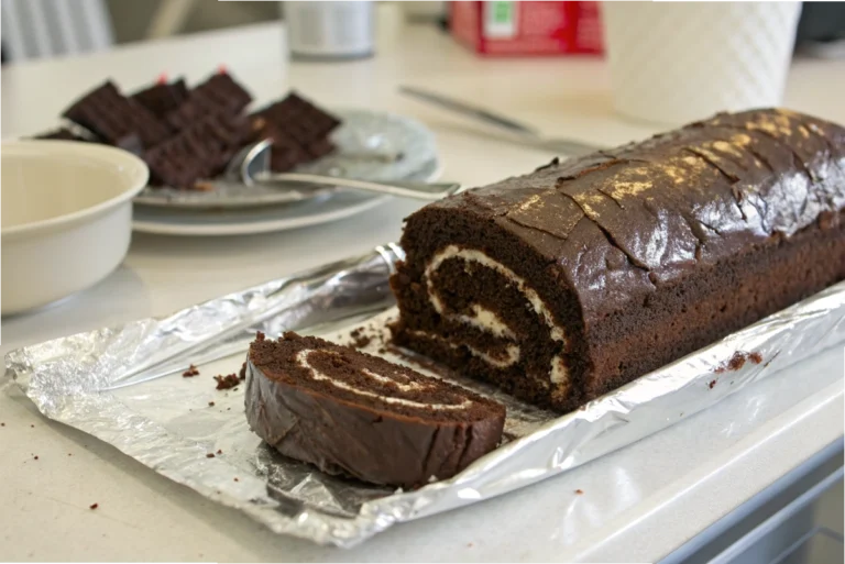 Hands carefully wrapping a rectangular cake with aluminum foil in a bright white kitchen, showing proper wrapping techniques.