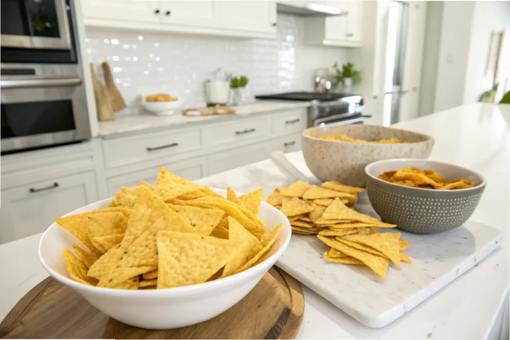 A comparison of homemade gluten-free chips and Doritos on a white kitchen counter with a modern aesthetic.