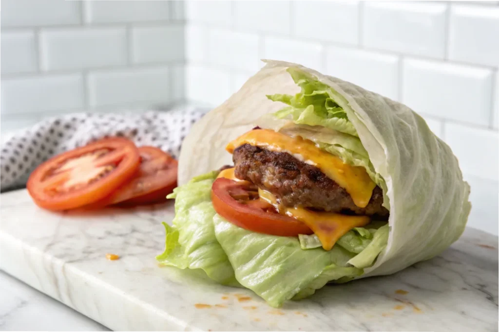 A homemade iceberg lettuce wrap filled with a burger patty, cheese, tomato, and bacon on a marble countertop in a white kitchen.