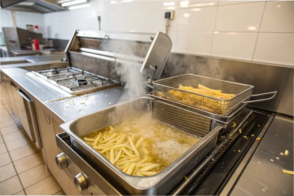 Golden fries being fried in peanut oil in a dedicated fryer, emphasizing gluten-free preparation.