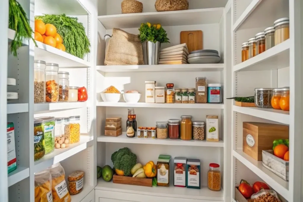 A well-organized pantry with shelves stocked with jars, containers, and fresh produce like broccoli, oranges, and spices.