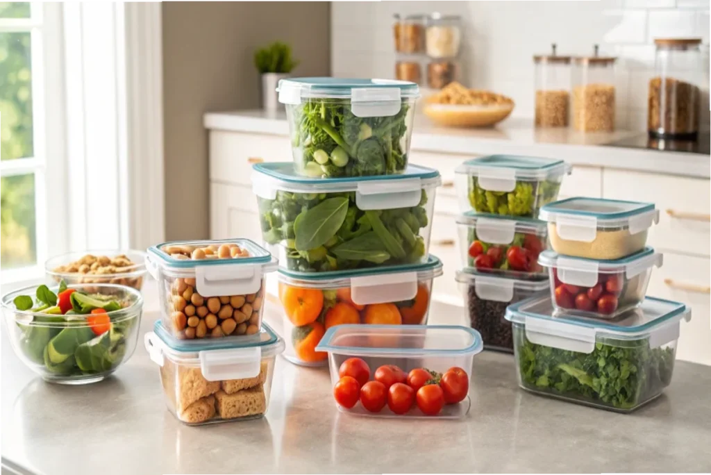 A collection of glass food storage containers filled with fresh vegetables, fruits, chickpeas, and greens arranged on a modern kitchen counter.