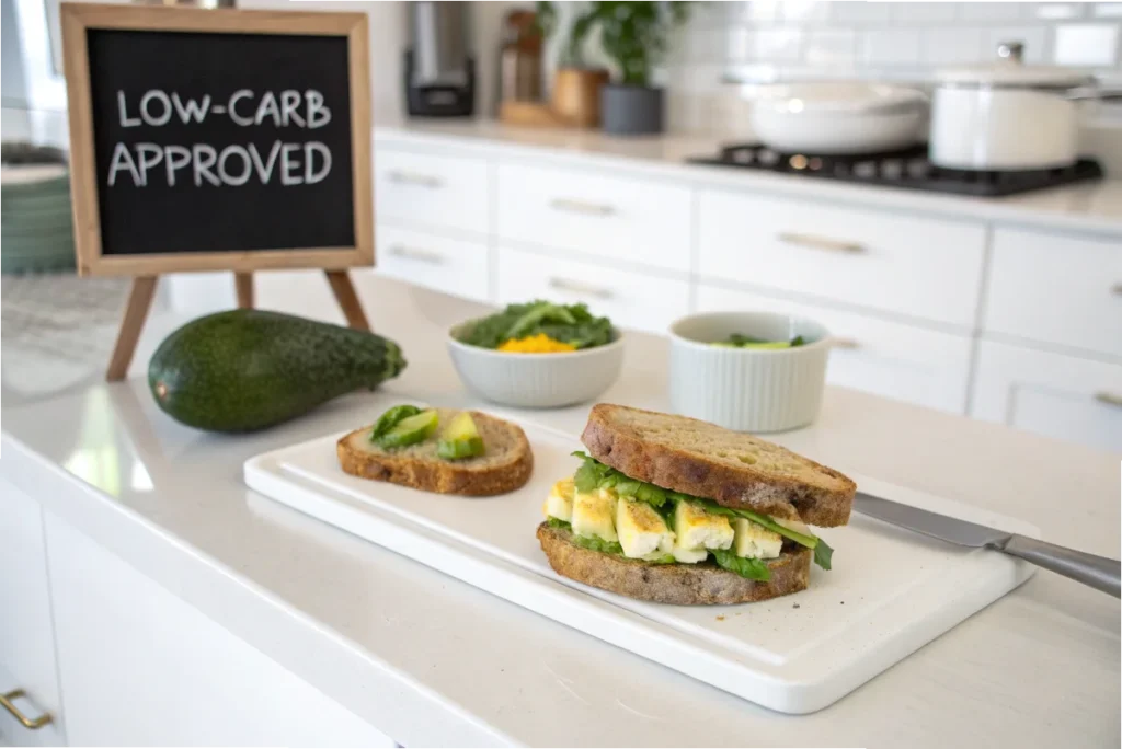 A low-carb avocado and egg sandwich made with 647 bread, shown in a white kitchen with a 'Low-Carb Approved' label.