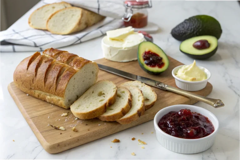 A loaf of 647 bread sliced on a wooden cutting board with spreads like butter and avocado in a bright white kitchen."