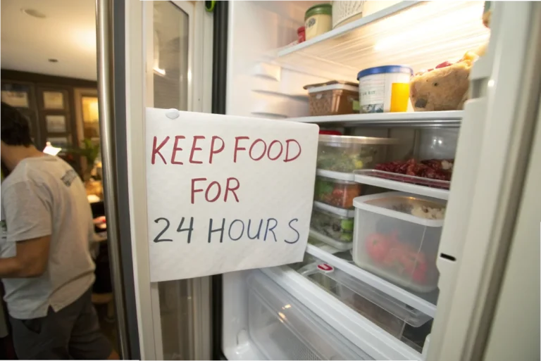 An open refrigerator filled with organized containers of food, featuring a note on the door that reads "Keep Food for 24 Hours."