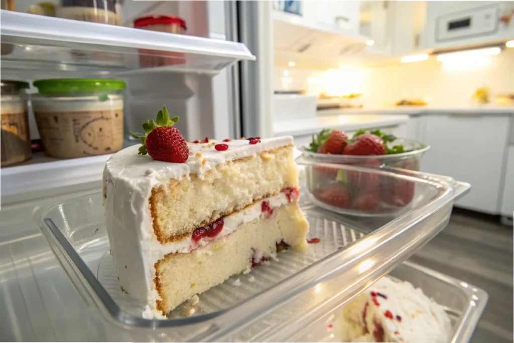 A slice of Tres Leches cake in an airtight container inside a fridge, emphasizing proper storage for freshness.