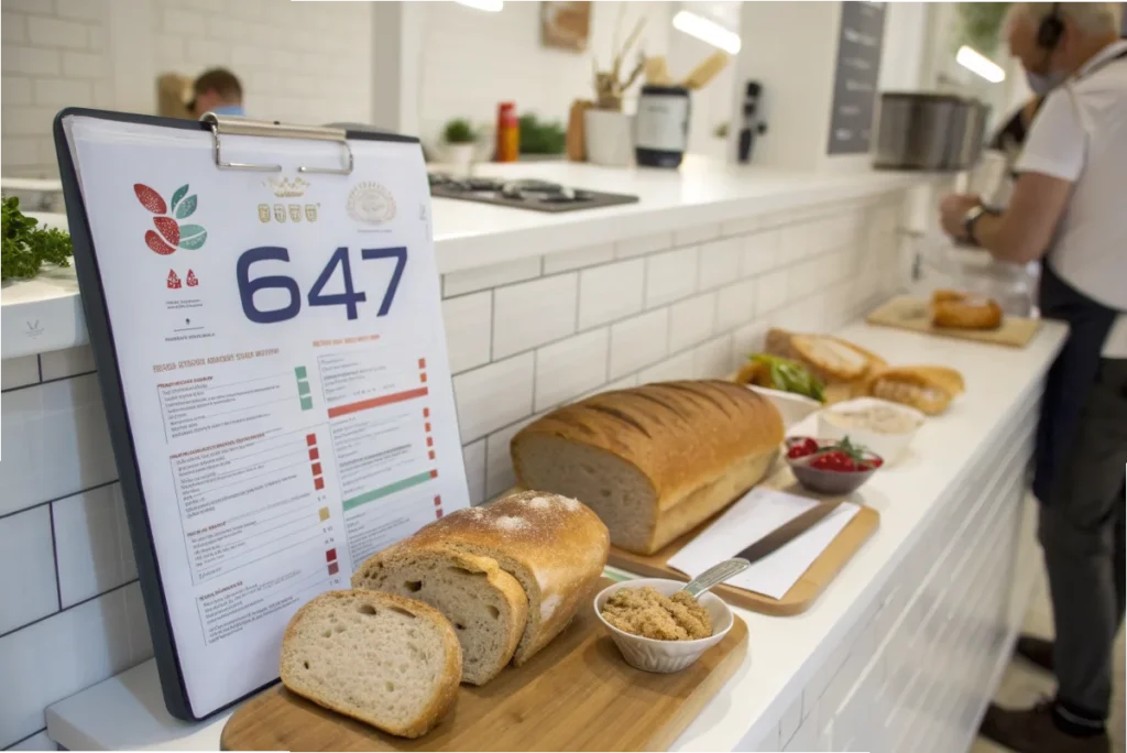 647 bread alongside a clipboard showing its nutritional breakdown, compared with traditional bread in a white kitchen.