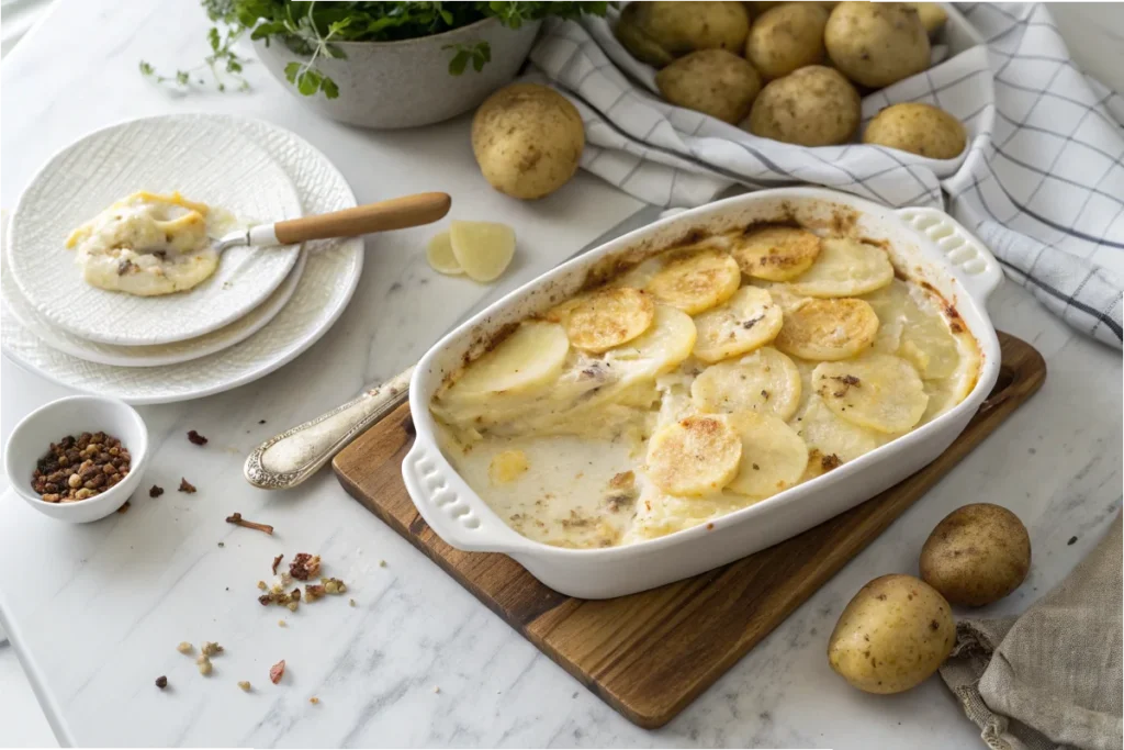 Dauphinoise potatoes served in a white dish on a marble countertop in a modern white kitchen.