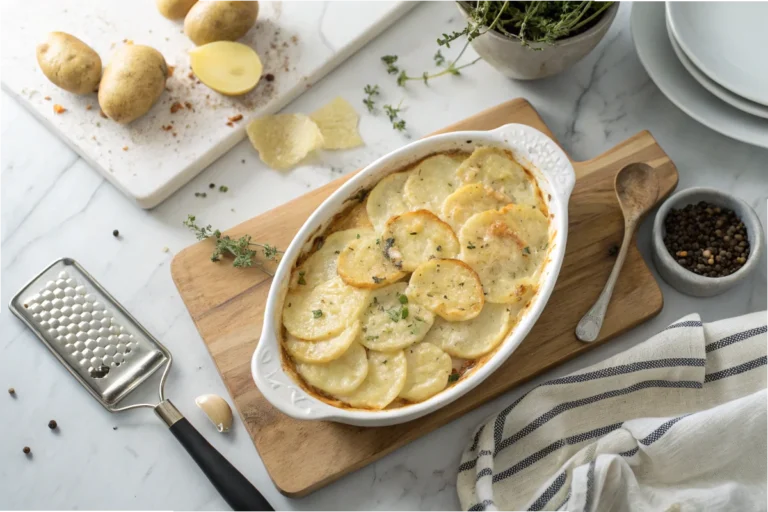 "Dauphinoise potatoes served in a white dish on a marble countertop in a modern white kitchen.