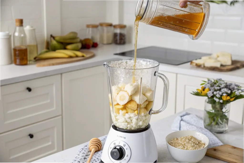 Cottage cheese being blended with bananas and honey to create a creamy, protein-rich smoothie in a home kitchen.