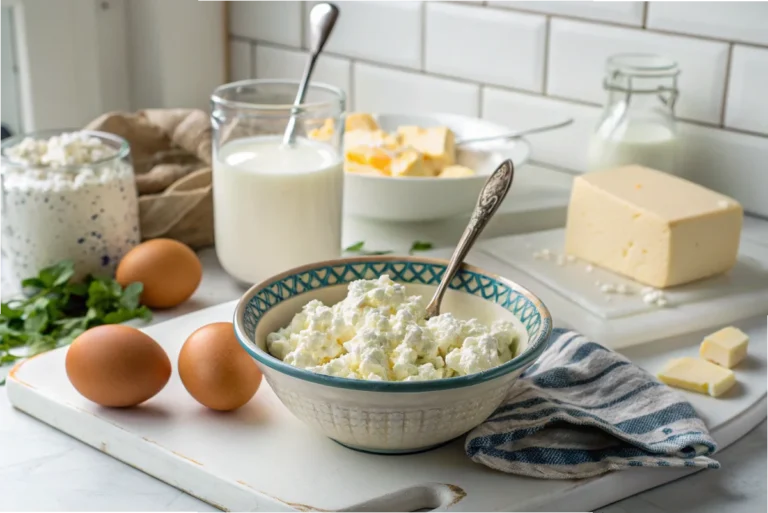 A close-up of a bowl of cottage cheese with fresh ingredients, illustrating its composition for cooking and recipes.