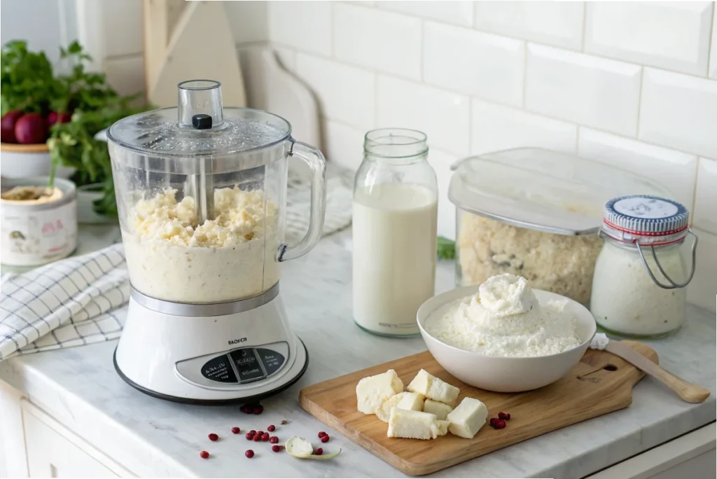 Cottage cheese being blended in a food processor, demonstrating how to achieve a creamy texture for dips or sauces.