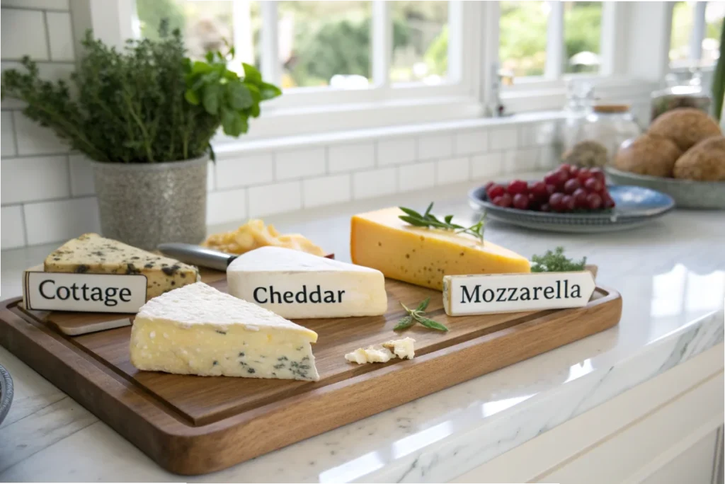 A variety of cheeses, including cottage cheese, compared for their melting properties on a cutting board.