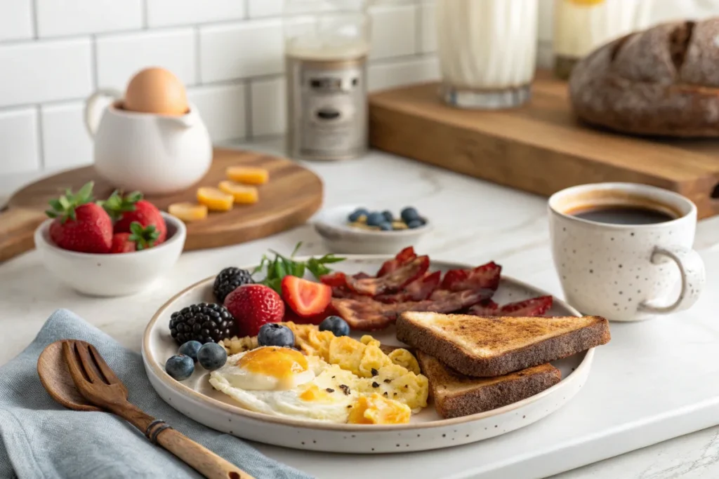 A nutritious roam food breakfast in a white kitchen, featuring free-range eggs, pasture-raised bacon, and organic fruit, promoting ethical and sustainable eating.