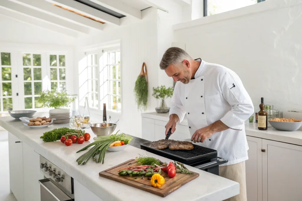 A chef cooking pasture-raised meat in a white kitchen, with organic vegetables, highlighting sustainable and ethical roam food choices.