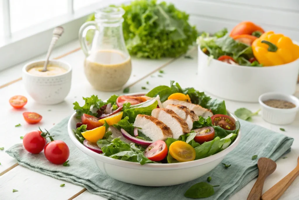 A fresh roam food salad with organic greens, heirloom tomatoes, and pasture-raised chicken in a white kitchen, promoting healthy and ethical eating.