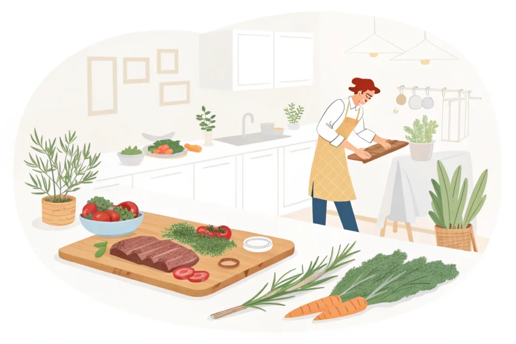 A cook preparing a farm-to-table roam food meal in a bright white kitchen, featuring organic vegetables, grass-fed beef, and fresh herbs for a sustainable lifestyle.

