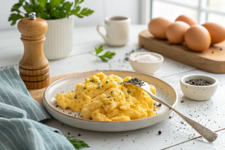 A plate of fluffy scrambled eggs seasoned with black pepper and sea salt in a bright white kitchen. The pepper grinder sprinkles fresh seasoning while daylight streams in.