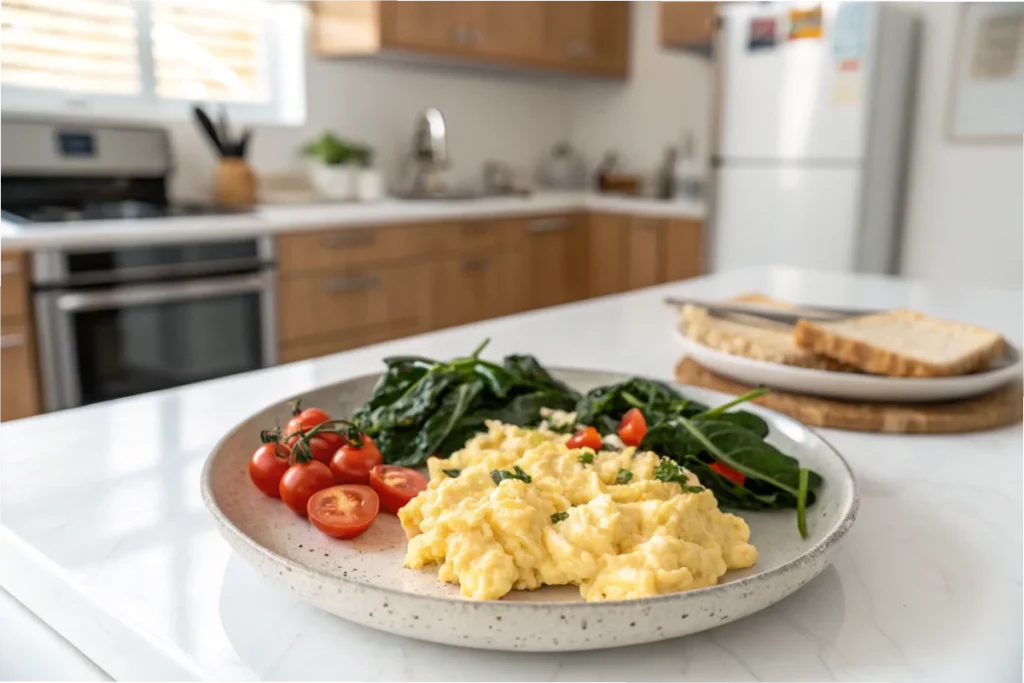 Scrambled eggs with cottage cheese served with spinach and tomatoes on a ceramic plate.