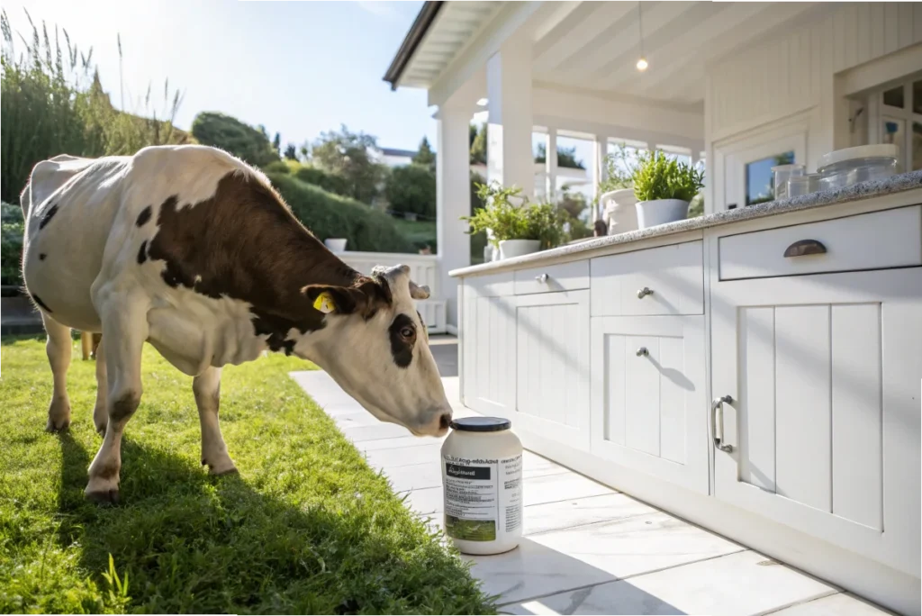 A cow grazing with fat supplements visible, representing the benefits of fats in animal nutrition