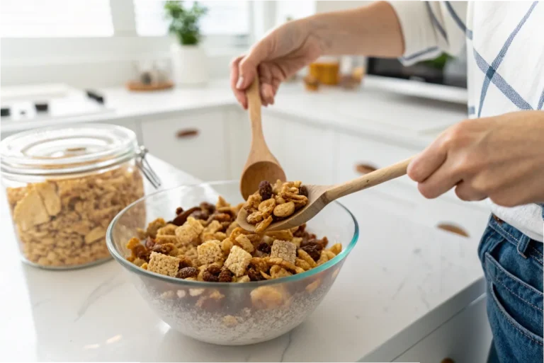 Chex cereal, pretzels, nuts, and seasonings in bowls, ready for the Chex Mix recipe oven-baked preparation.