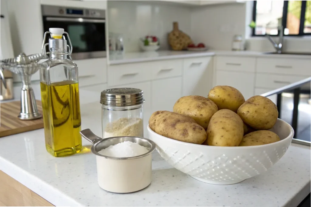 Fresh potatoes, peanut oil, and salt displayed on a countertop, highlighting the natural ingredients of Five Guys fries.