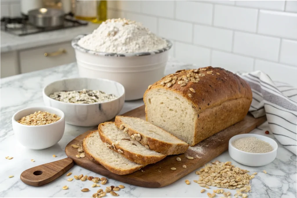 Slices of 647 bread stacked with butter and jam on the side in a white kitchen.