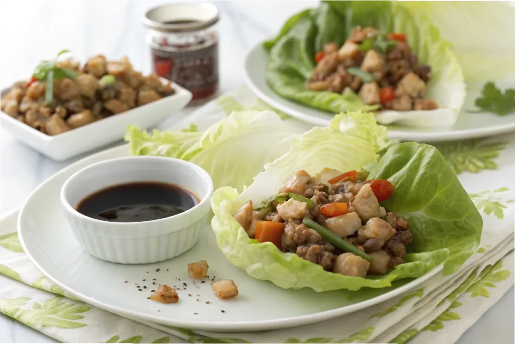 Fresh Thai-style lettuce wraps with ground turkey and water chestnuts, captured in a white kitchen setting.