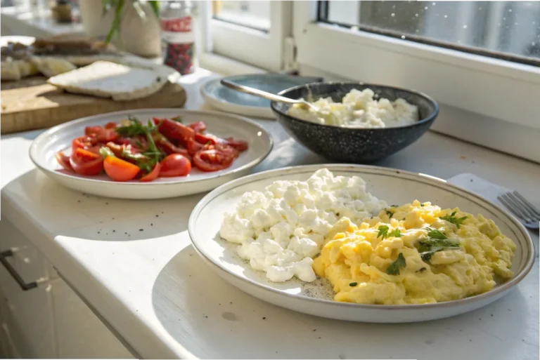 Fresh and reheated scrambled eggs with cottage cheese displayed side-by-side in a bright white kitchen.