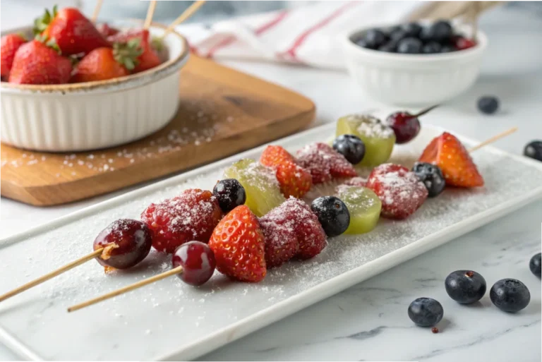 A close-up of glossy Tanghulu skewers with strawberries, grapes, and blueberries, coated in hardened sugar, placed on a white marble countertop in a bright white kitchen.