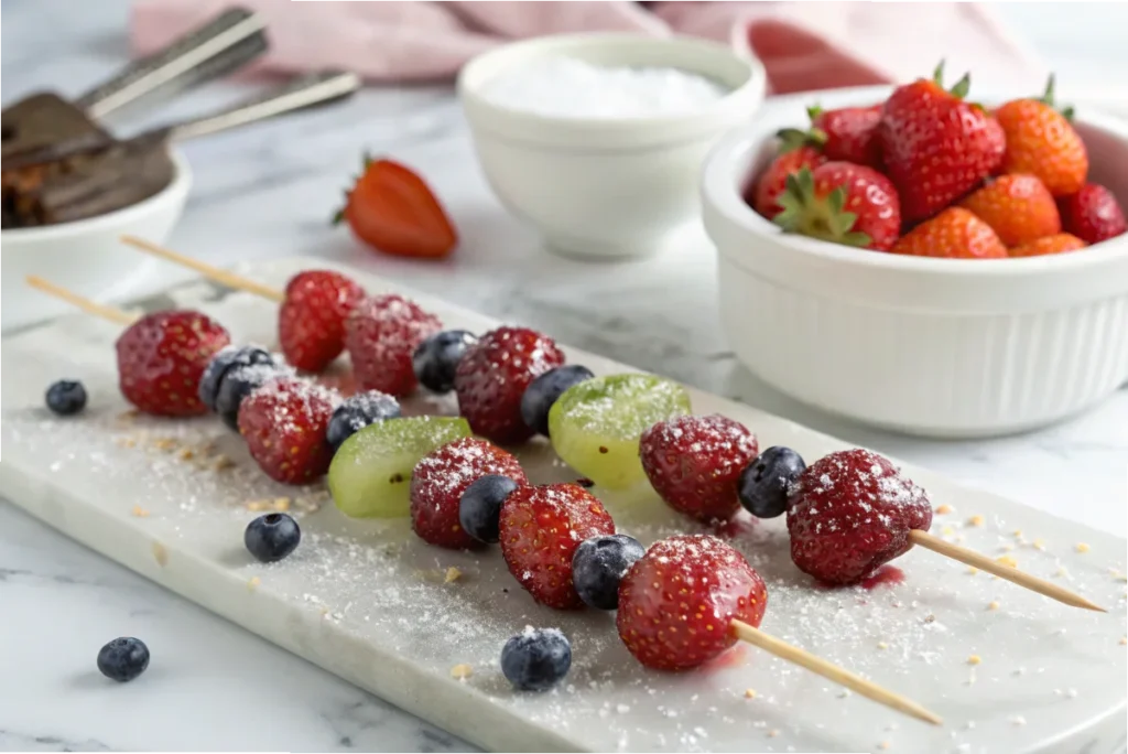 A family gathered around a white kitchen island, enjoying fresh Tanghulu skewers, with a tray of beautifully made candied fruit in the center.