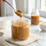 A glass jar filled with smooth, golden caramel made from condensed milk, with a spoon dripping caramel into the jar, placed on a white marble countertop in a bright white kitchen.