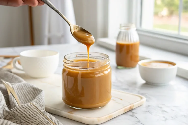 A glass jar filled with smooth, golden caramel made from condensed milk, with a spoon dripping caramel into the jar, placed on a white marble countertop in a bright white kitchen.