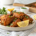 A plate of crispy cowboy butter chicken wings coated in rich butter sauce, garnished with parsley and lemon wedges, placed on a white marble countertop in a bright white kitchen.