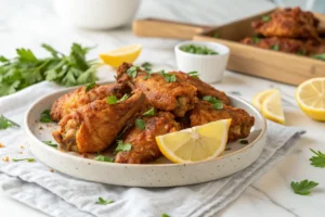 A plate of crispy cowboy butter chicken wings coated in rich butter sauce, garnished with parsley and lemon wedges, placed on a white marble countertop in a bright white kitchen.