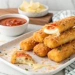 A plate of golden, crispy cheese sticks with melted cheese oozing out, served with marinara sauce on a white marble countertop in a bright white kitchen.