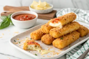 A plate of golden, crispy cheese sticks with melted cheese oozing out, served with marinara sauce on a white marble countertop in a bright white kitchen.