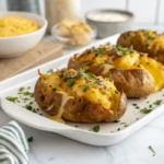 A plate of golden, crispy cheesy smashed potatoes topped with melted cheddar and herbs, placed on a white marble countertop in a bright white kitchen.