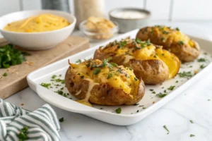 A plate of golden, crispy cheesy smashed potatoes topped with melted cheddar and herbs, placed on a white marble countertop in a bright white kitchen.