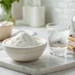 Baking soda and ice water on a white countertop in a bright white kitchen, ready to make 2-ingredient snow.