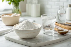 Baking soda and ice water on a white countertop in a bright white kitchen, ready to make 2-ingredient snow.