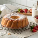 Freshly baked strawberry cream cheese pound cake in a bright white kitchen, with golden crust and fresh strawberries.