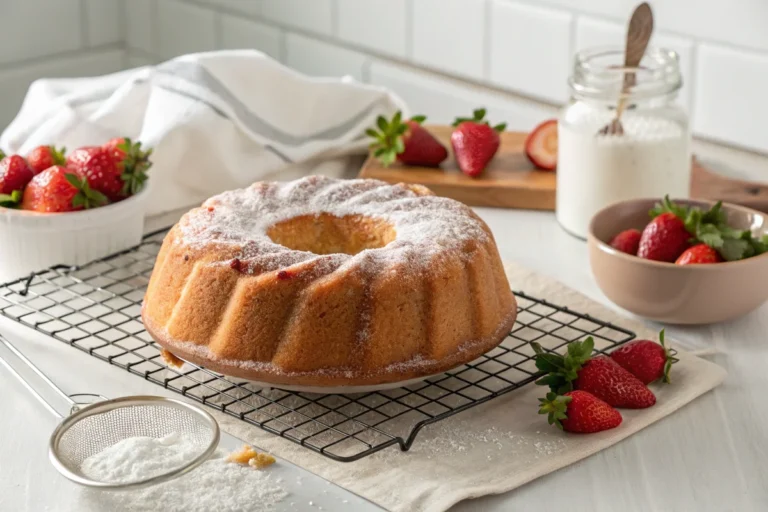 Freshly baked strawberry cream cheese pound cake in a bright white kitchen, with golden crust and fresh strawberries.