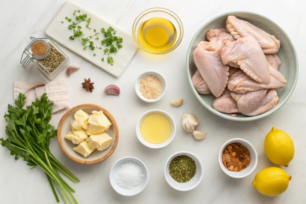 A bright white kitchen countertop displaying fresh ingredients including chicken wings, butter, garlic, lemon, and herbs, ready for making cowboy butter chicken wings.