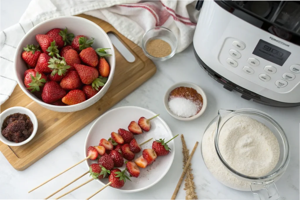  A white kitchen countertop displaying fresh strawberries, skewers, sugar, and a microwave-safe measuring cup, ready for making Tanghulu.
