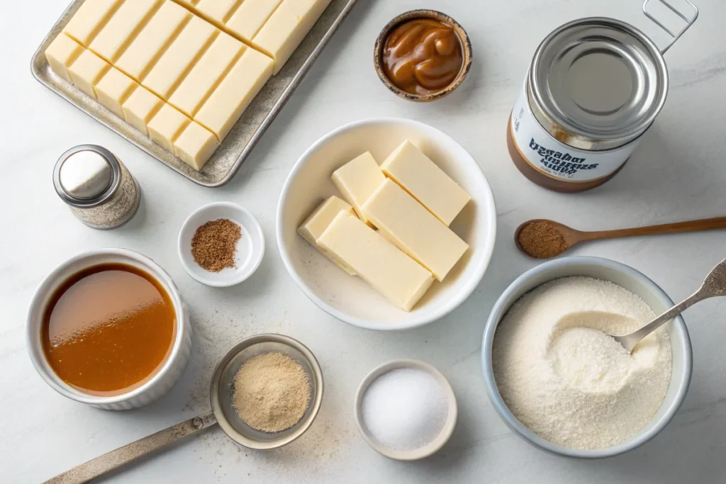 A bright white kitchen countertop with a can of condensed milk, butter, vanilla extract, and sugar, neatly arranged for making homemade caramel.